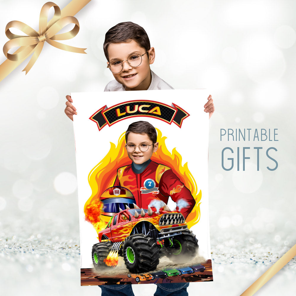 Personalized Monster Trucks poster with your kid as the driver, Kids gifts Prints decoration. 2000GF