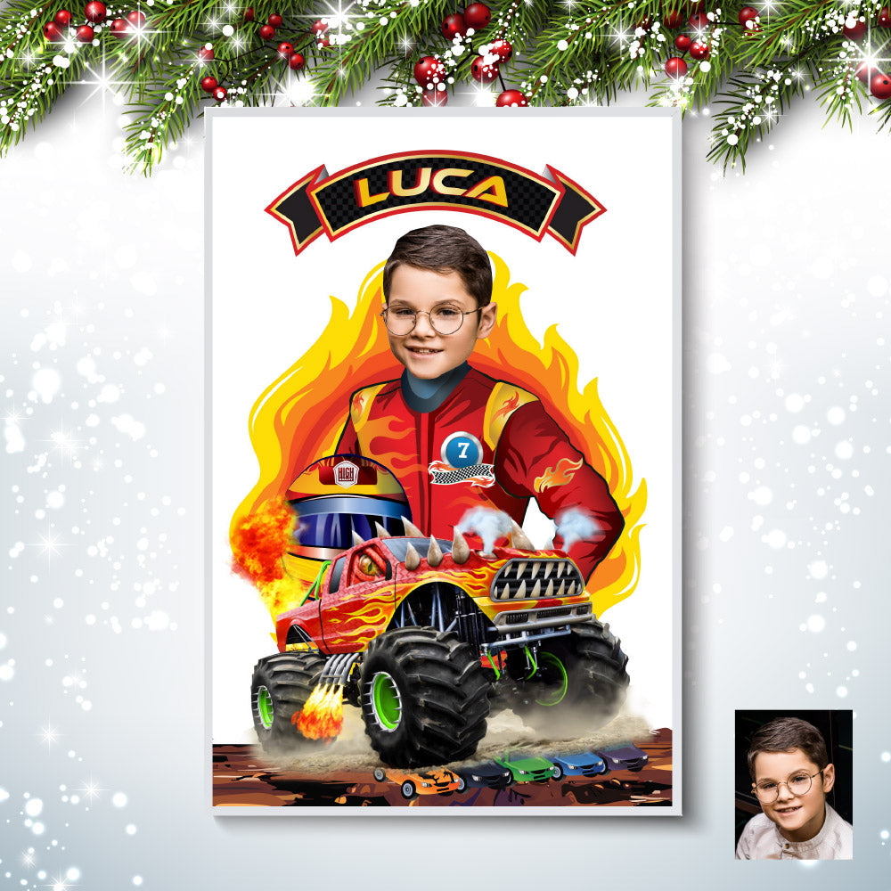 Personalized Monster Trucks poster with your kid as the driver, Kids gifts Prints decoration. 2000GF