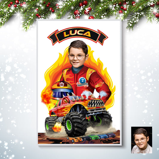 Personalized Monster Trucks poster with your kid as the driver, Kids gifts Prints decoration. 2000GF