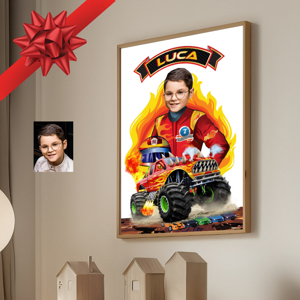 Personalized Monster Trucks poster with your kid as the driver, Kids gifts Prints decoration. 2000GF