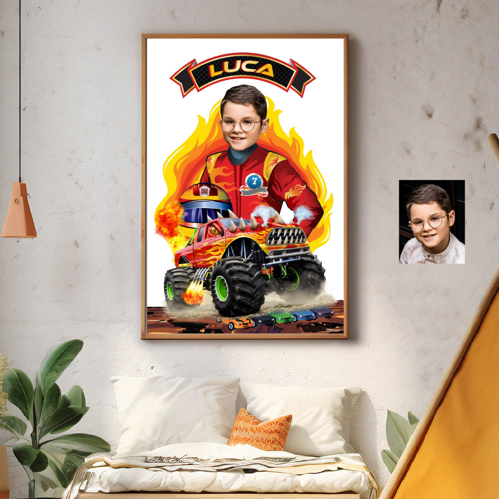 Personalized Monster Trucks poster with your kid as the driver, Kids gifts Prints decoration. 2000GF