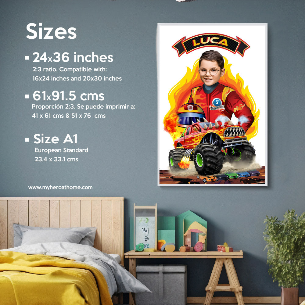 Personalized Monster Trucks poster with your kid as the driver, Kids gifts Prints decoration. 2000GF
