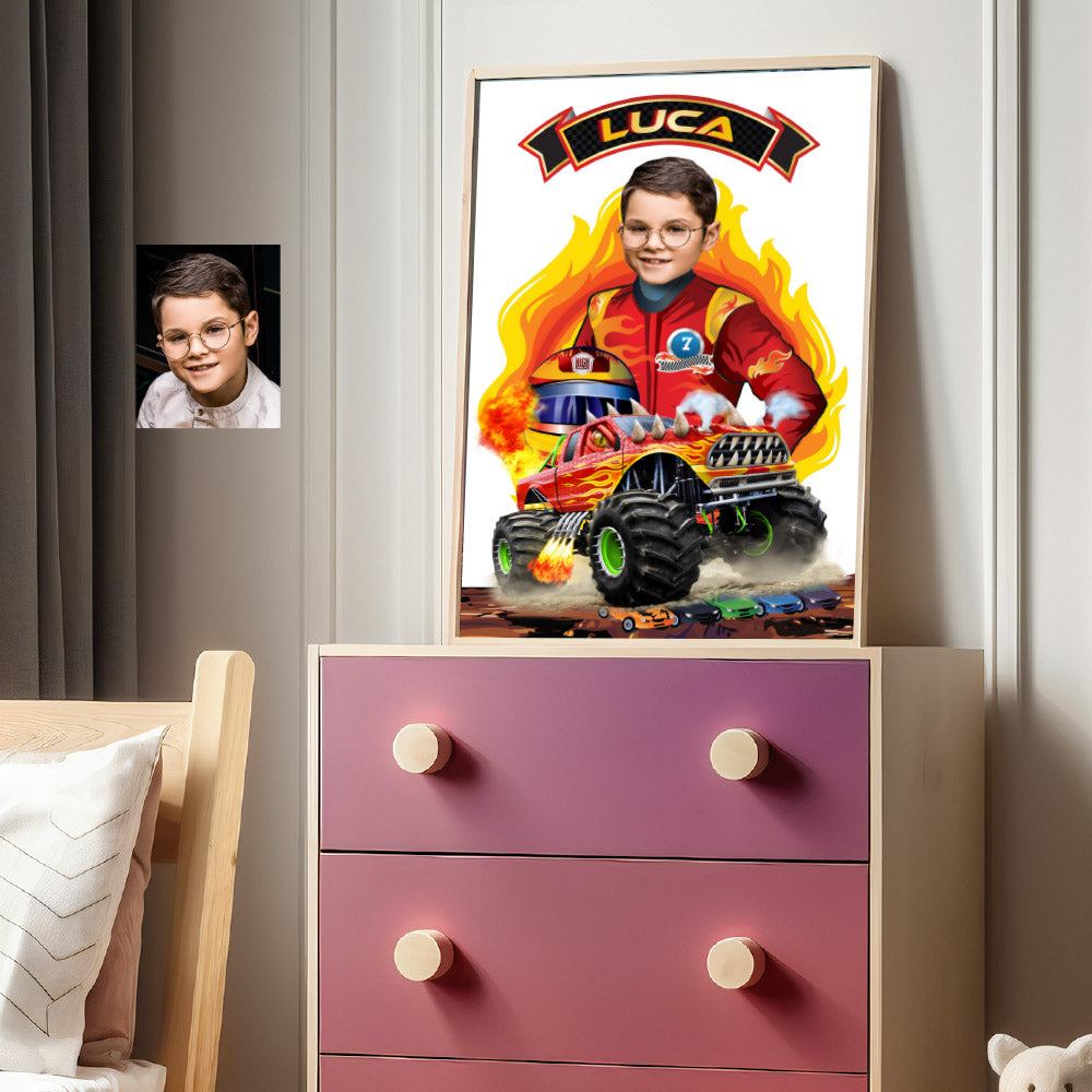 Personalized Monster Trucks poster with your kid as the driver, Kids gifts Prints decoration. 2000GF