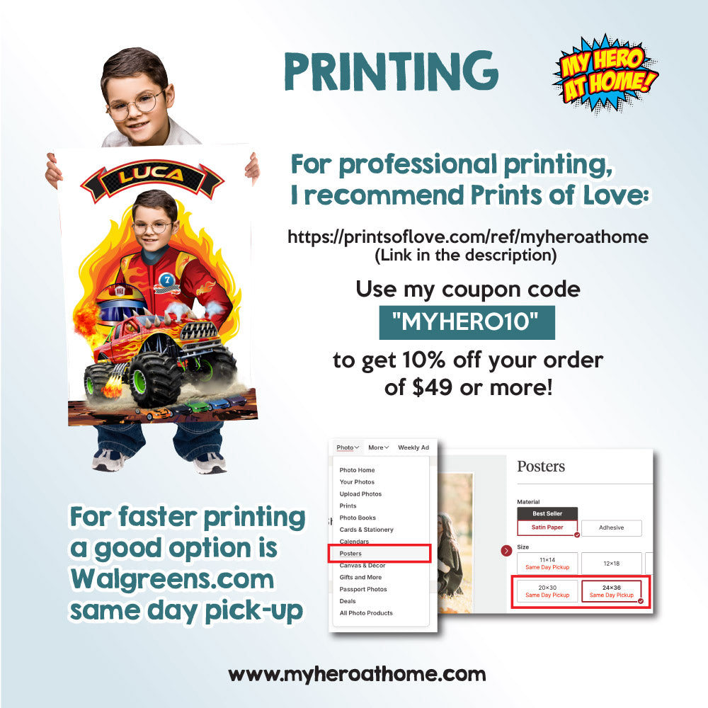 Personalized Monster Trucks poster with your kid as the driver, Kids gifts Prints decoration. 2000GF