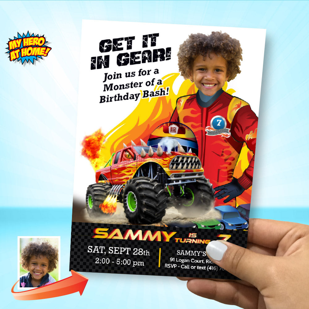 Personalized Monster Truck Birthday Invitation – Kid as the Monster Truck Driver. 2000IN