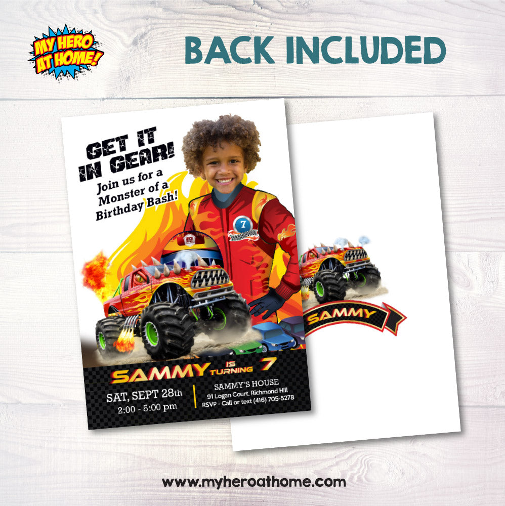 Personalized Monster Truck Birthday Invitation – Kid as the Monster Truck Driver. 2000IN