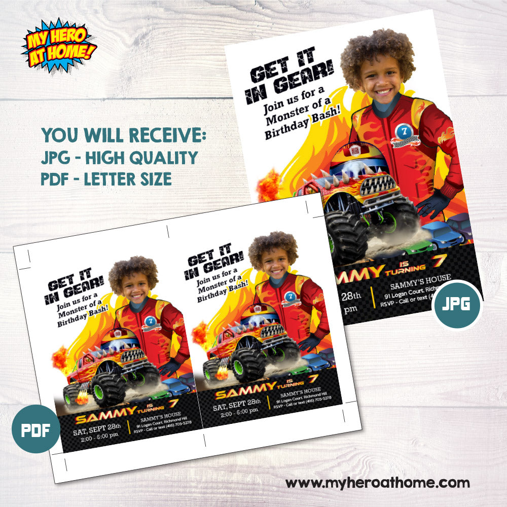 Personalized Monster Truck Birthday Invitation – Kid as the Monster Truck Driver. 2000IN