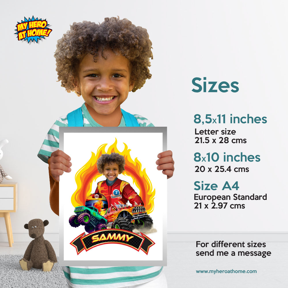 Printable Monster Truck gifts personalized with Featuring Child as the Driver. 2000PS