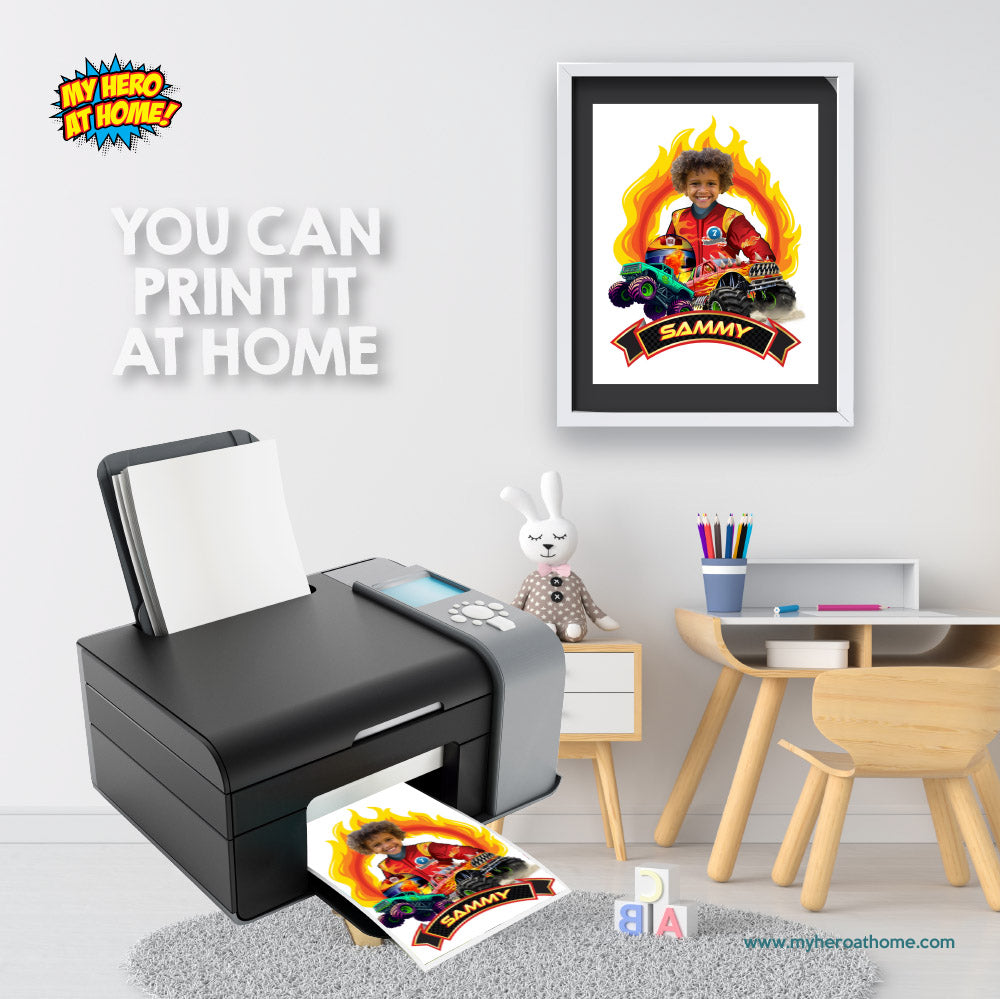 Printable Monster Truck gifts personalized with Featuring Child as the Driver. 2000PS