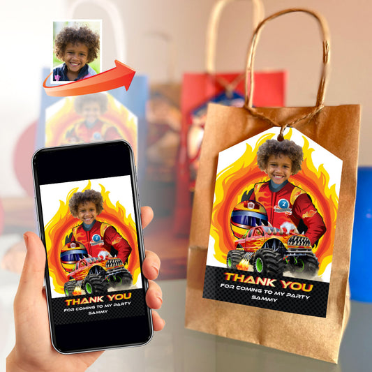 Personalized Monster Truck Thank You and Favor Tags with Photo – Kid as the Driver. 2000TY