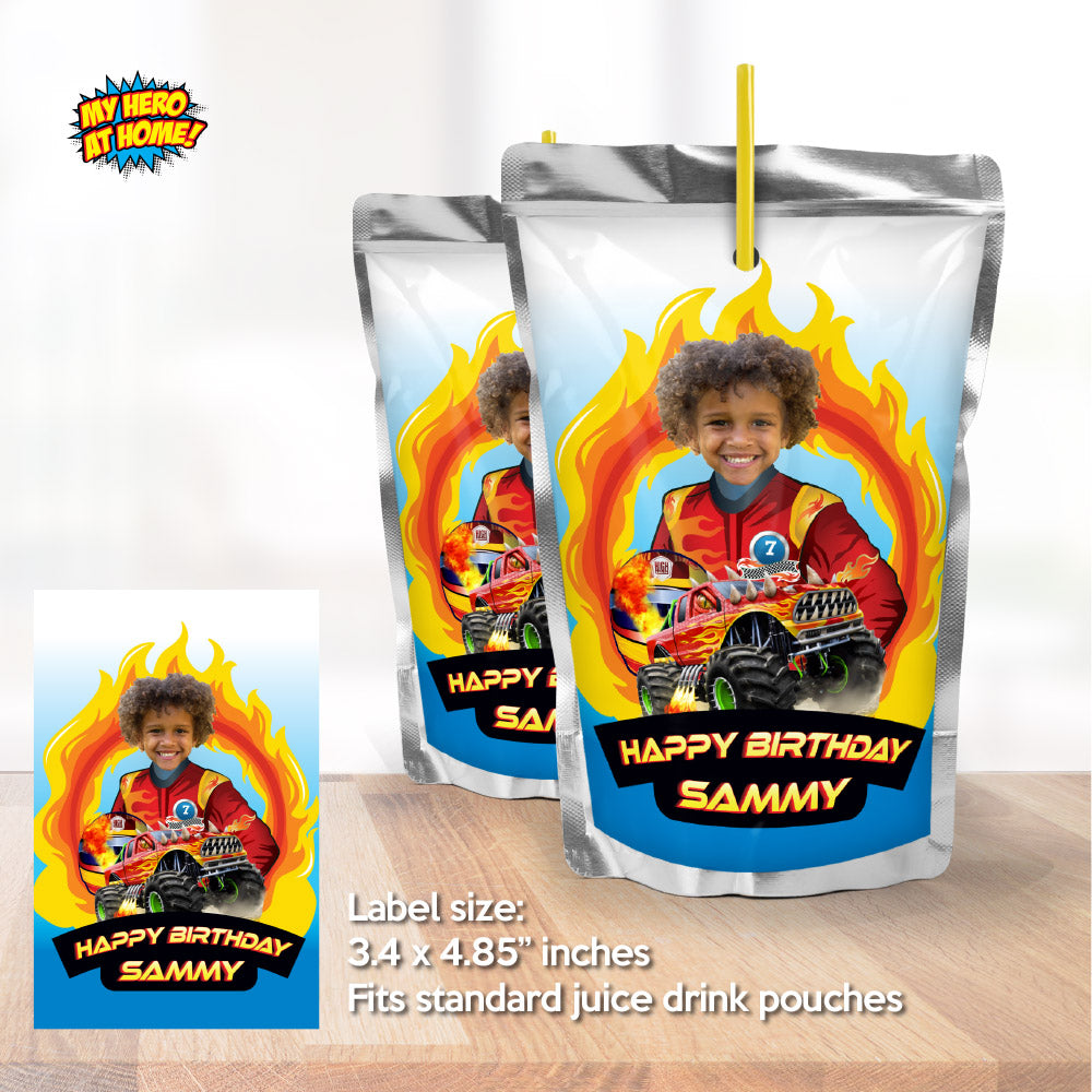Custom Monster Truck Water and Juices Labels With Child as the Driver.  2000WJ
