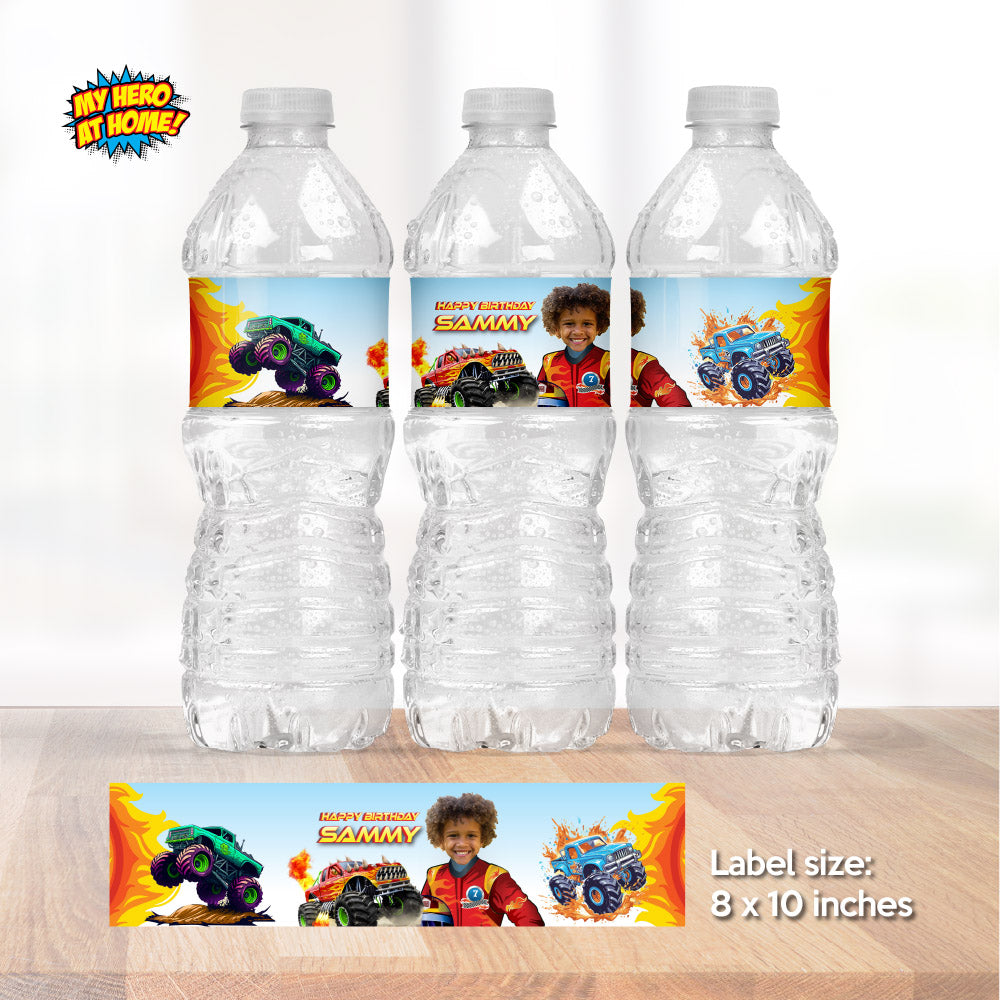 Custom Monster Truck Water and Juices Labels With Child as the Driver.  2000WJ