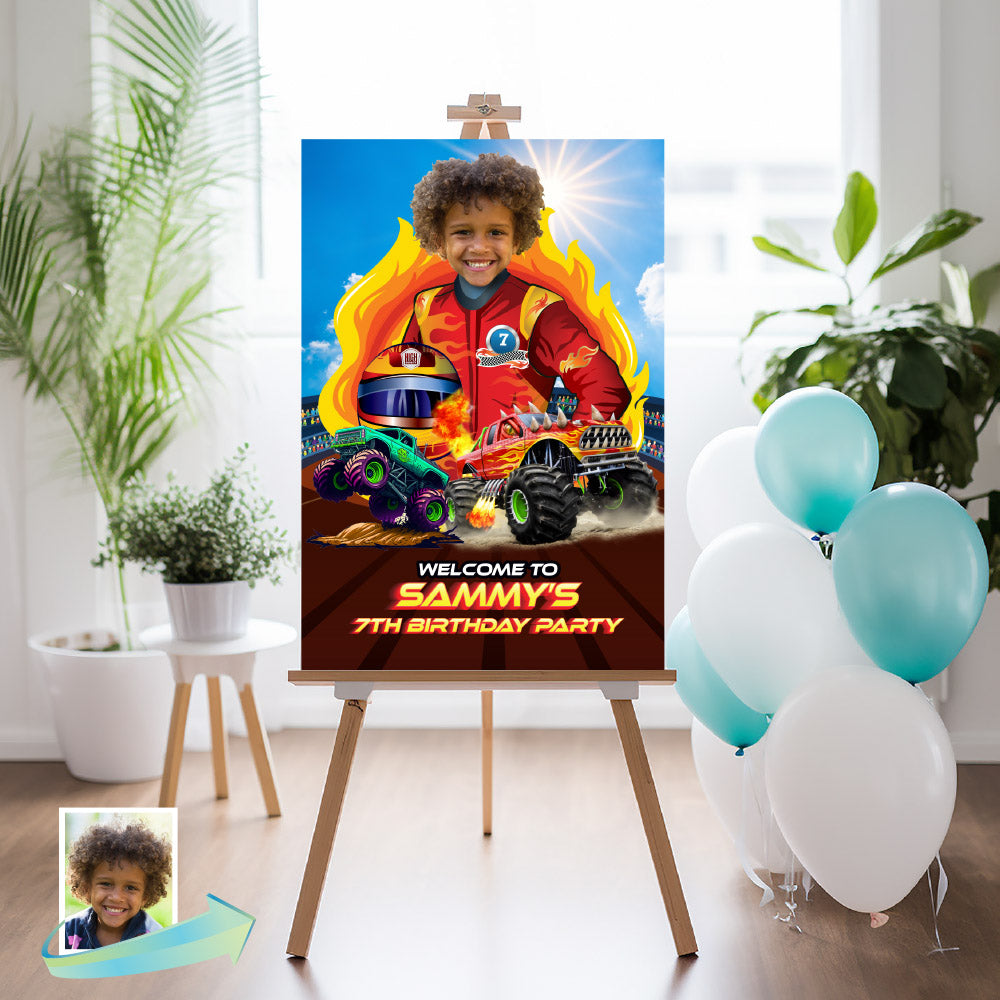 Monster Truck Welcome sign with photo of birthday boy as the star of the party. 2000WS