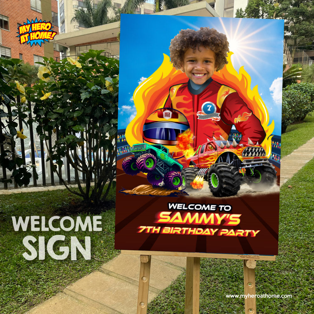 Monster Truck Welcome sign with photo of birthday boy as the star of the party. 2000WS