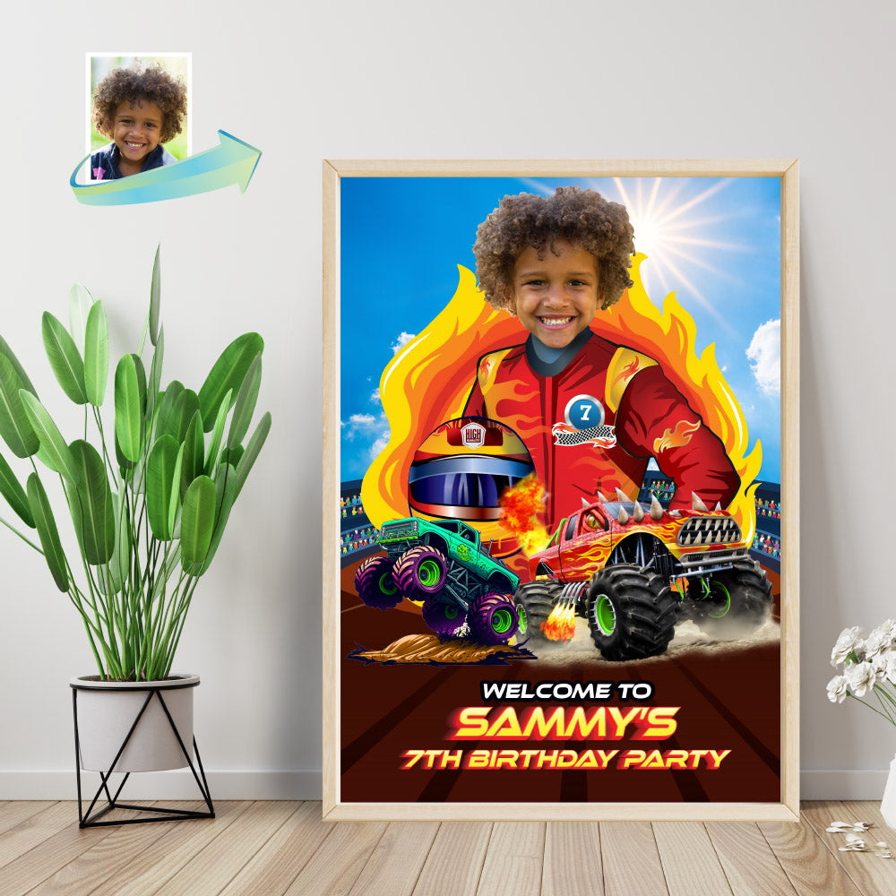 Monster Truck Welcome sign with photo of birthday boy as the star of the party. 2000WS