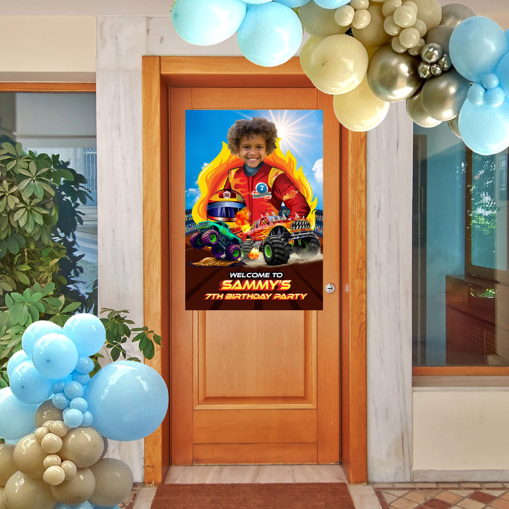 Monster Truck Welcome sign with photo of birthday boy as the star of the party. 2000WS