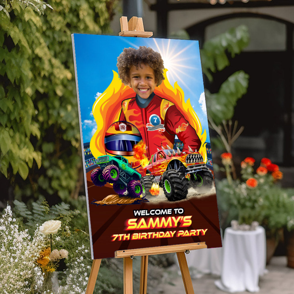 Monster Truck Welcome sign with photo of birthday boy as the star of the party. 2000WS