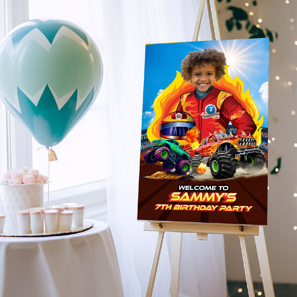 Monster Truck Welcome sign with photo of birthday boy as the star of the party. 2000WS