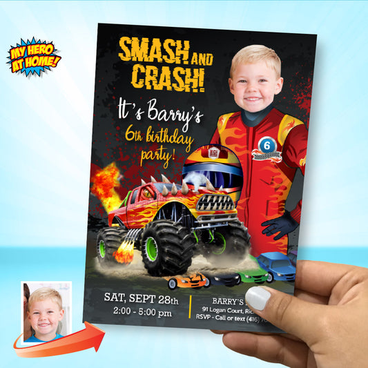 Monster Truck Birthday Invitation with photo, Smash and Crash Photo Template 2002IN