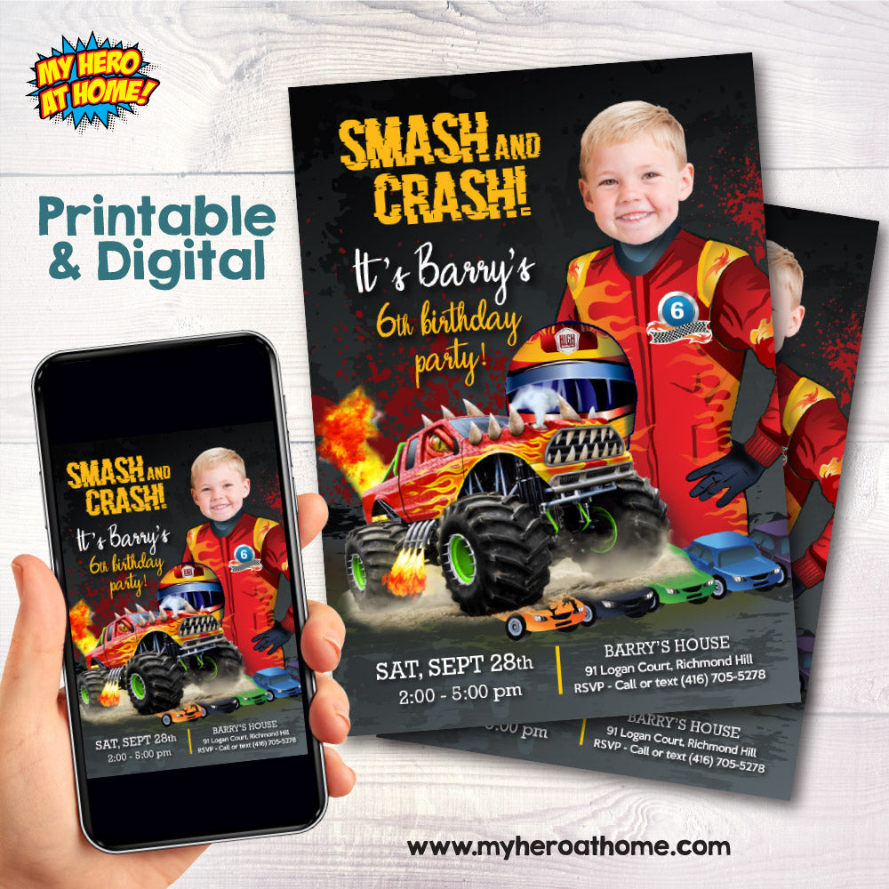 Monster Truck Birthday Invitation with photo, Smash and Crash Photo Template 2002IN