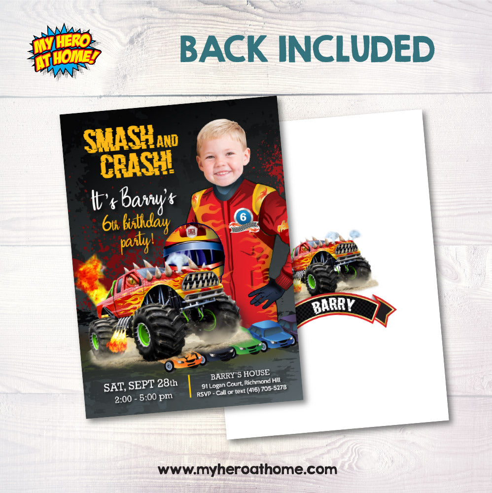Monster Truck Birthday Invitation with photo, Smash and Crash Photo Template 2002IN