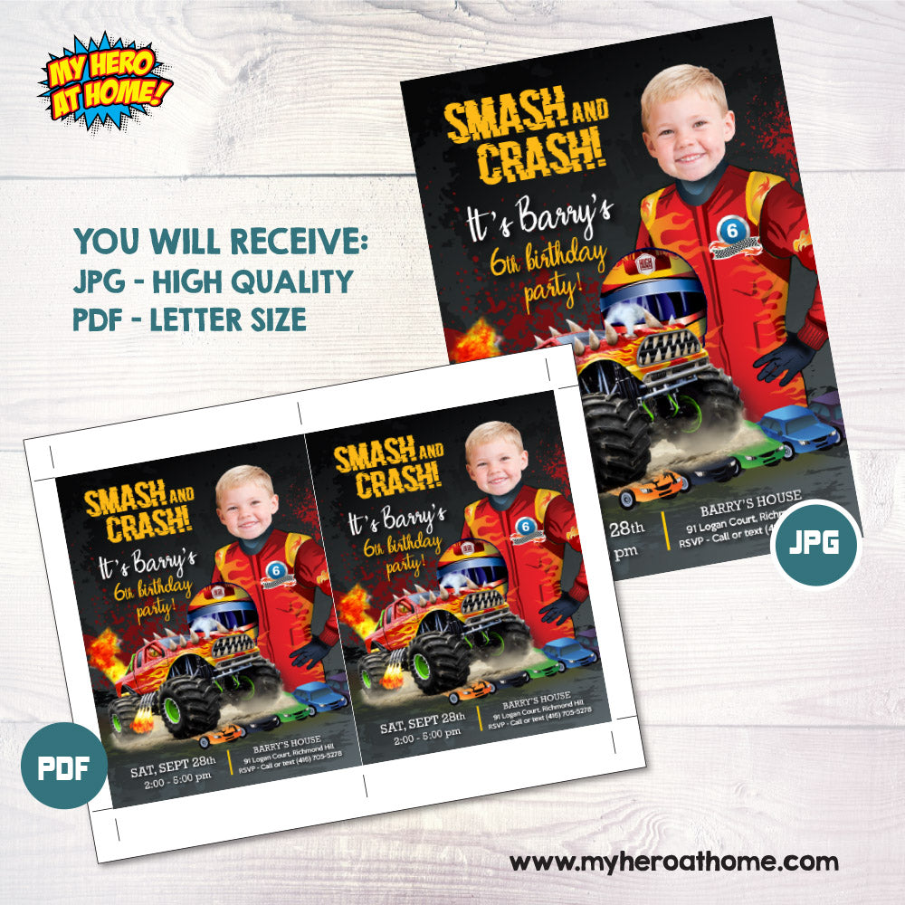 Monster Truck Birthday Invitation with photo, Smash and Crash Photo Template 2002IN