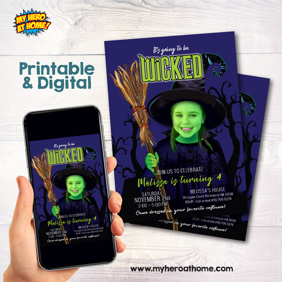 Wicked Birthday Invitation with photo, Elphaba Photo Party invitation. 2009IN