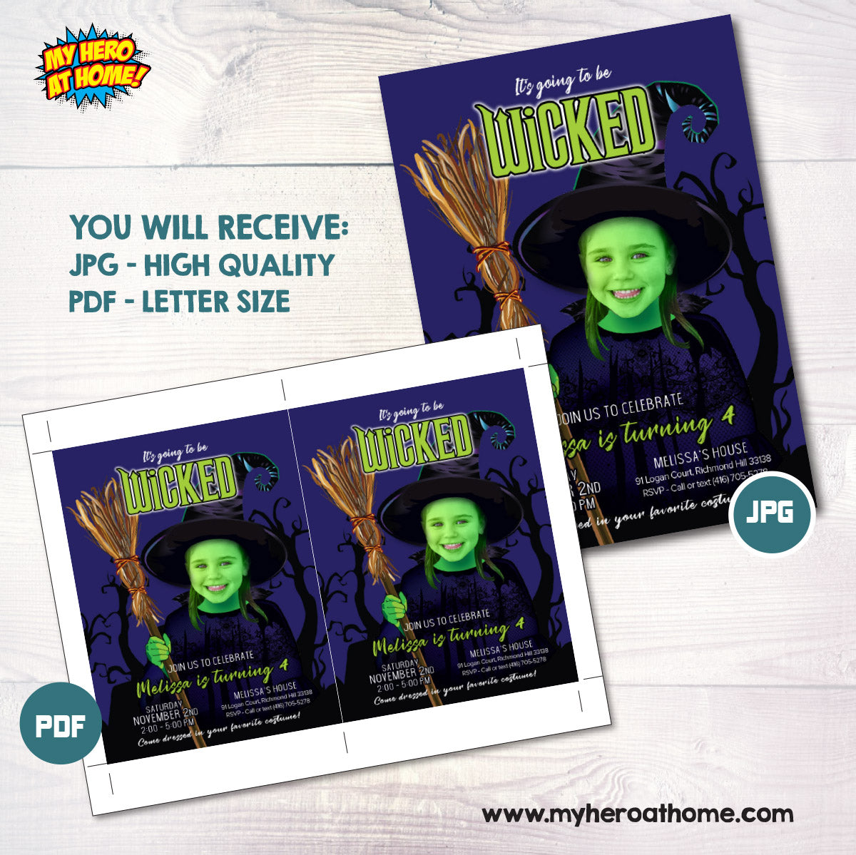 Wicked Birthday Invitation with photo, Elphaba Photo Party invitation. 2009IN