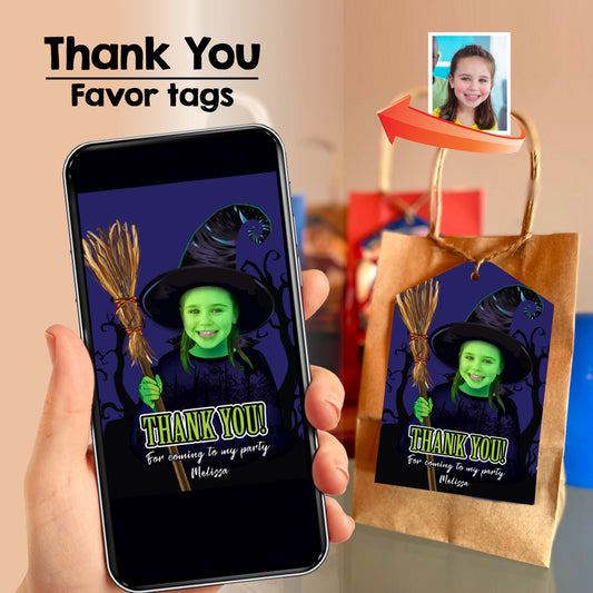 Elphaba Thank you card with your photo, Wicked Favor tags, Personalized Elphaba party favors tags. 2009TY