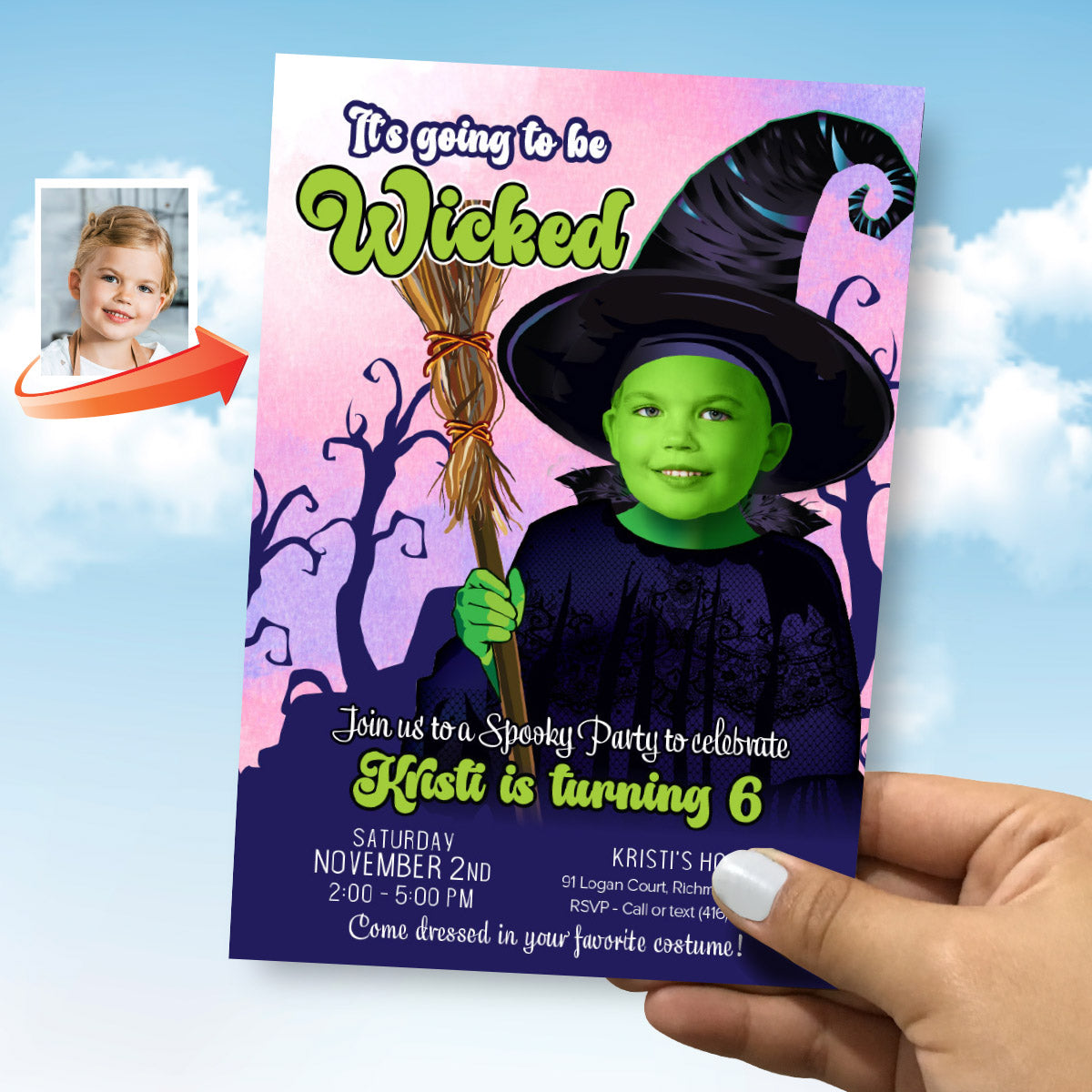 Personalized Wicked Party Invitation featuring birthday girl as Elphaba. 2014IN