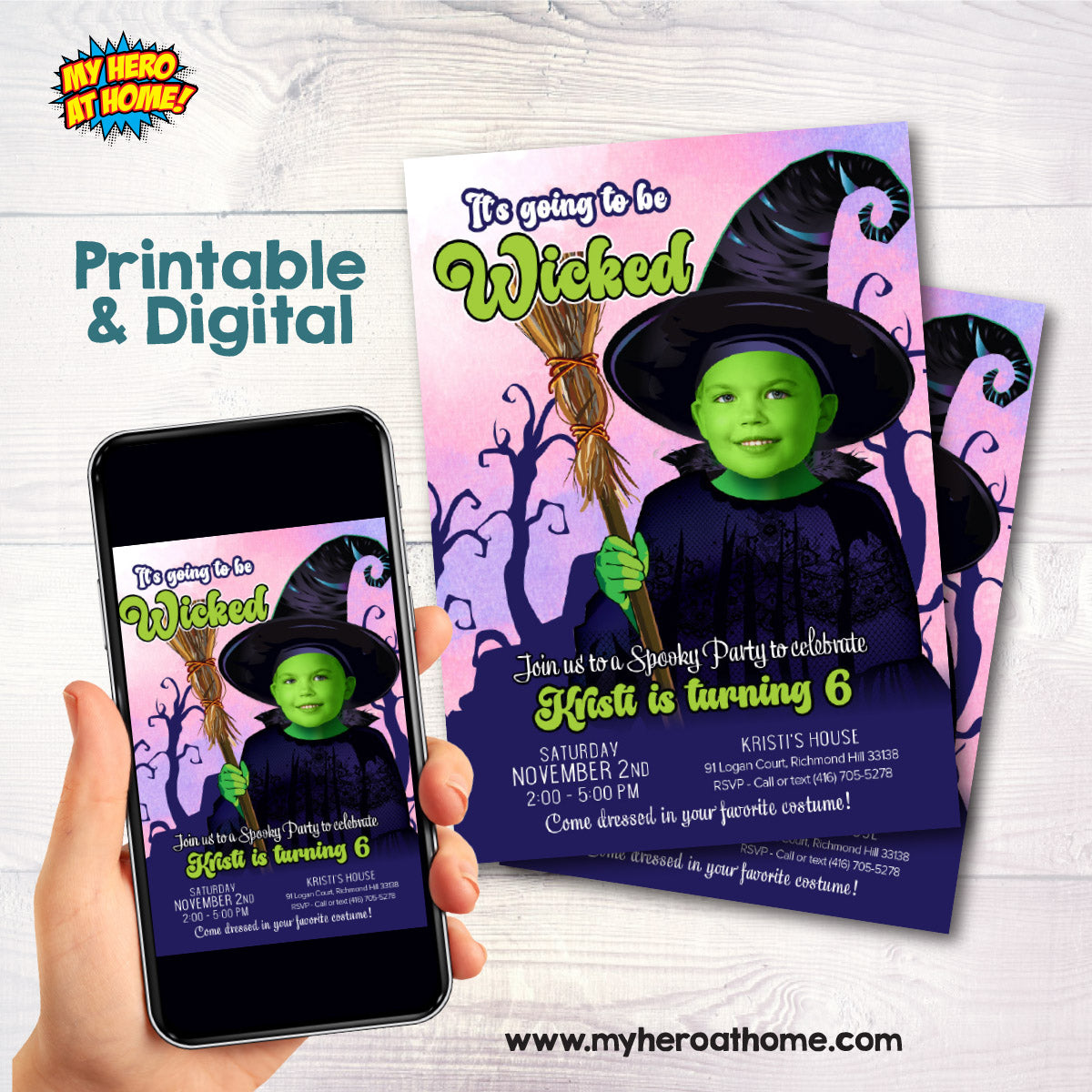 Personalized Wicked Party Invitation featuring birthday girl as Elphaba. 2014IN