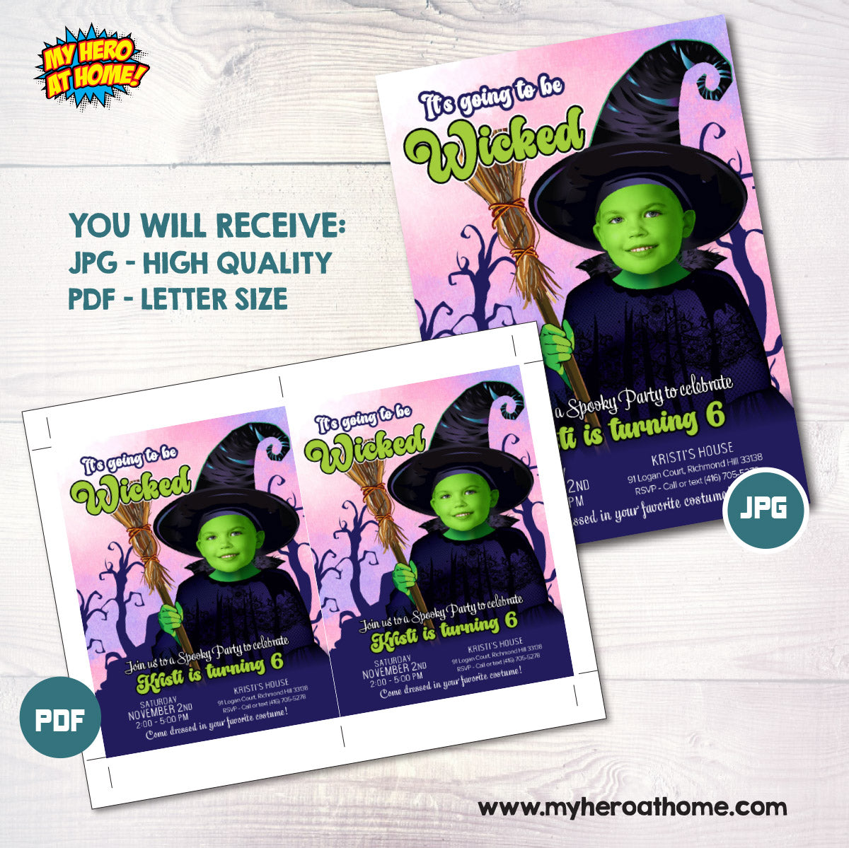 Personalized Wicked Party Invitation featuring birthday girl as Elphaba. 2014IN