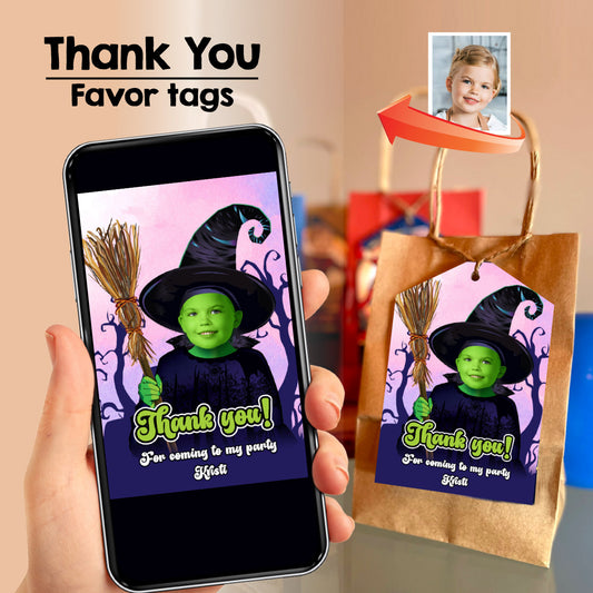 Wicked Thank you card with girl as Elphaba, Wicked Goodies tags, Custom Elphaba party favors tags. 2014TY