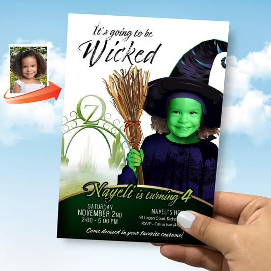 Custom Elphaba Wicked Party Invitation featuring birthday girl as a cute Green witch. 2015IN