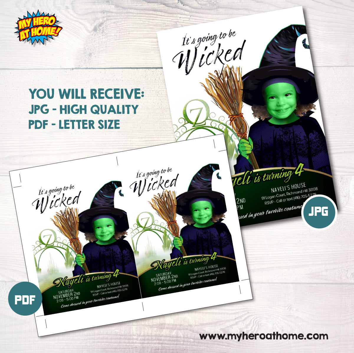 Custom Elphaba Wicked Party Invitation featuring birthday girl as a cute Green witch. 2015IN