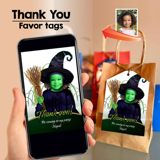 Wicked Oz Thank you card with birthday girl as Elphaba, Green witch party favors tags. 2015TY