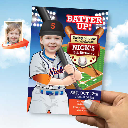Custom Detroit Tigers Birthday Party Invitation with kid as the star player. 2024IN