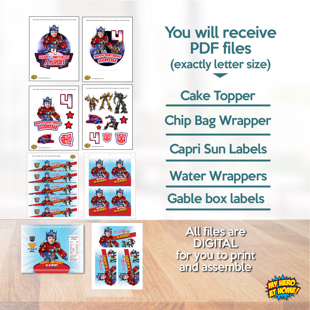 Bundle Optimus Prime BirthdayParty table: Transformers Cake Topper, snacks labels, Chip bags, Candy box, Drink labels. 2025B1