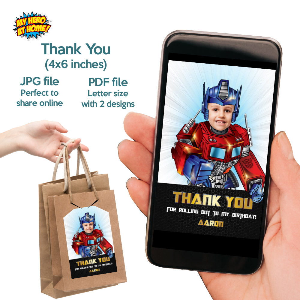 Bundle Optimus Prime Birthday with your kid as the star: Invitation and Thank you, printable Cake Topper, Welcome Sign. 2025B2