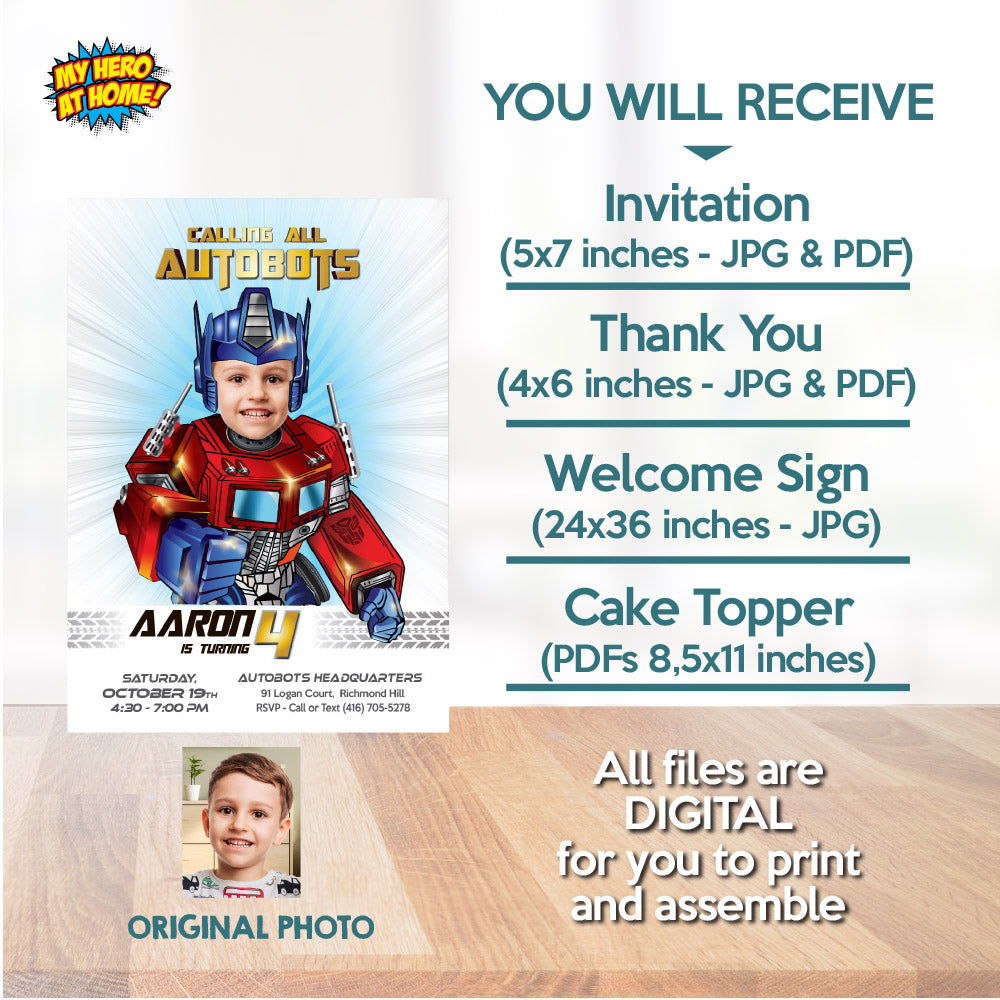 Bundle Optimus Prime Birthday with your kid as the star: Invitation and Thank you, printable Cake Topper, Welcome Sign. 2025B2