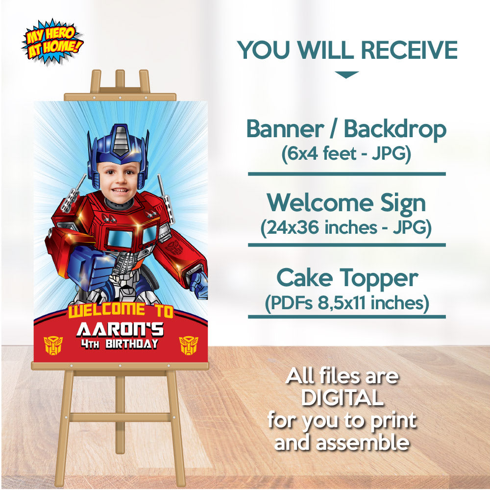 Bundle Optimus Prime Party decoration, Transformers Optimus: Banner Backdrop, Cake Topper and  Welcome Sign. 2025B4
