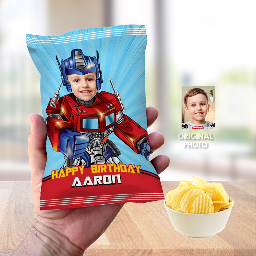 Bundle Optimus Prime BirthdayParty table: Transformers Cake Topper, snacks labels, Chip bags, Candy box, Drink labels. 2025B1