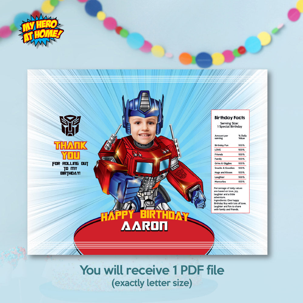 Bundle Optimus Prime BirthdayParty table: Transformers Cake Topper, snacks labels, Chip bags, Candy box, Drink labels. 2025B1