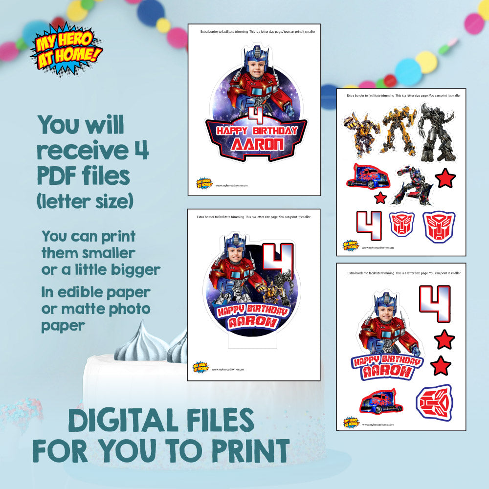 Bundle Optimus Prime BirthdayParty table: Transformers Cake Topper, snacks labels, Chip bags, Candy box, Drink labels. 2025B1