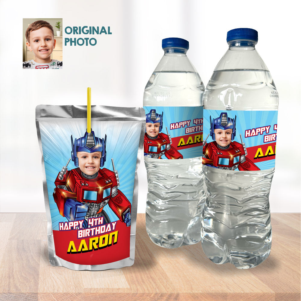Bundle Optimus Prime BirthdayParty table: Transformers Cake Topper, snacks labels, Chip bags, Candy box, Drink labels. 2025B1