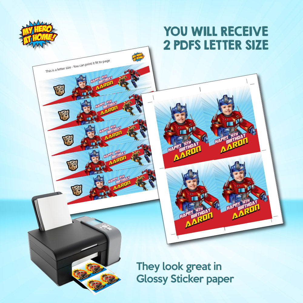 Bundle Optimus Prime BirthdayParty table: Transformers Cake Topper, snacks labels, Chip bags, Candy box, Drink labels. 2025B1