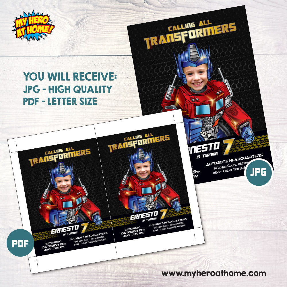 Optimus Prime Birthday digital invitation with photo, Optimus Prime online Invite, Prime party ideas. 2028