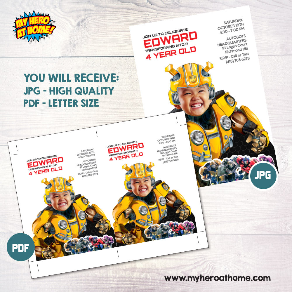 Bumblebee Birthday template with photo, Bumblebee party flyer, Bumblebee Autobots party. 2029