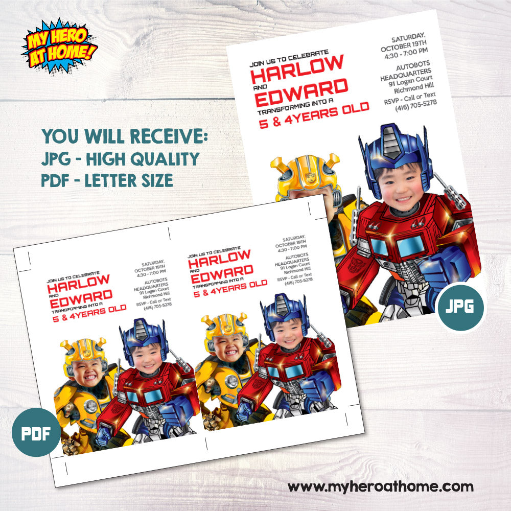 Siblings Transformers Birthday Party Invitation with photos, Autobots siblings invite, Transformers Twins. 2031