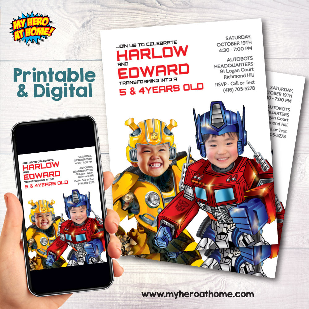 Siblings Transformers Birthday Party Invitation with photos, Autobots siblings invite, Transformers Twins. 2031